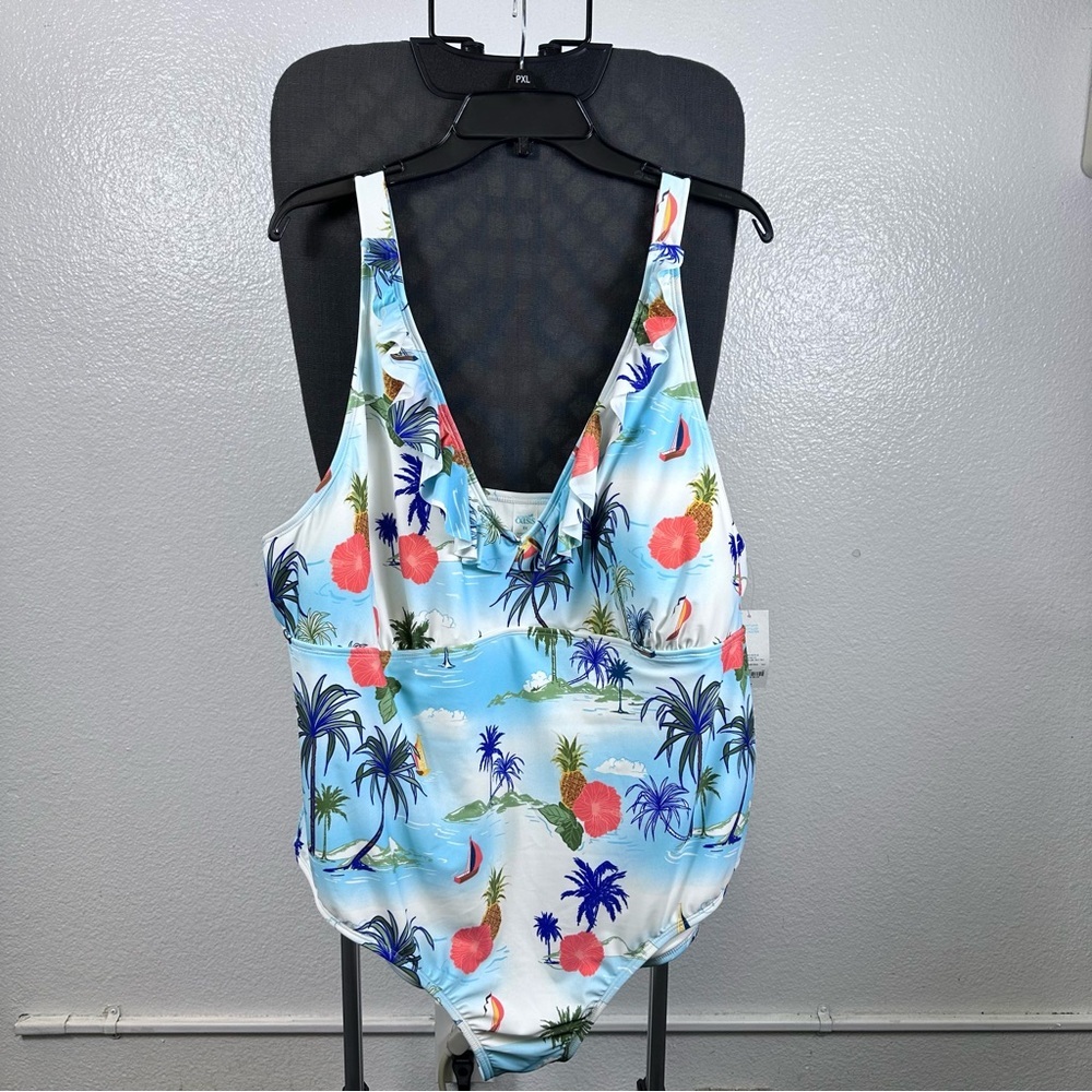 White‎ and Blue One Piece Swimwear with Classic Design